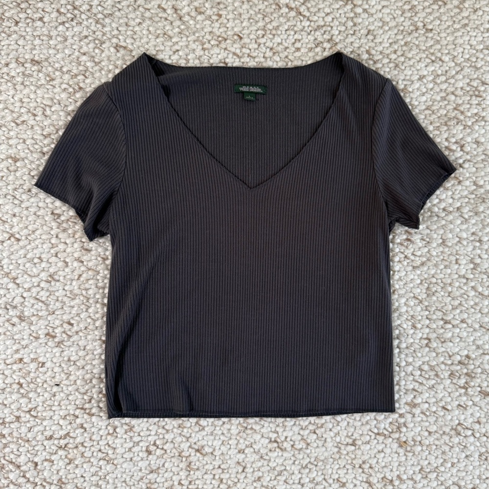 Dark Grey V-Neck Ribbed Women's Crop Top